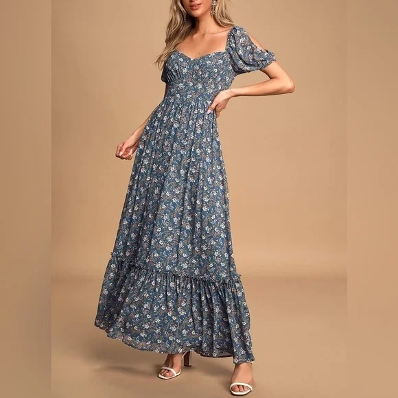 Lulus Feeling Fond Blue Floral Print Puff Sleeve Maxi Dress - Picture 2 of 12